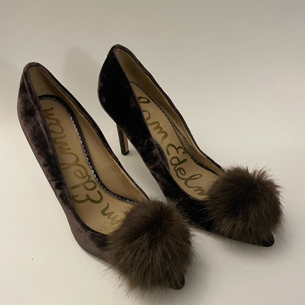 Sam Edelman Dark Brown Velvet Heels with Pom Pom